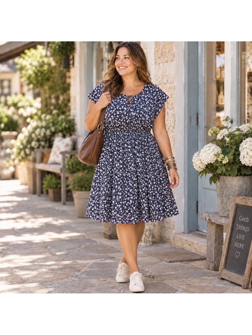Woman Within 24W Blue Floral Midi Dress Crinkle Gauze India Tiered Cottagecore